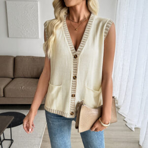 Classic Style Contrast Color Sleeveless Cardigan Knitted Vest Top For Women