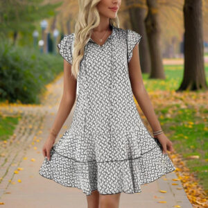 Women's Solid Color Print V-Neck Short Sleeve Dress - Summer Comfort Lace Trim Dress With Tie Detail