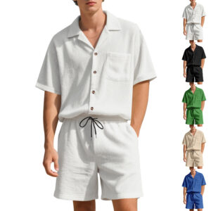 Summer Solid Color Vertical Stripes Short Sleeve Shorts