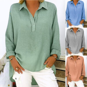 Women's Solid Color Casual Loose Long Sleeve V-neck Shirt